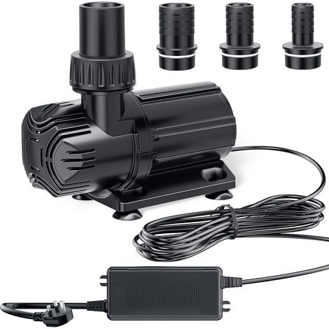 Pompe de bassin 4600 L/H, pompe de fontaine, basse tension, silencieuse, avec convertisseur AC/DC, 4 adaptateurs de tuyau pour étangs de jardin, aquariums, fontaines, caractéristiques (1/5)