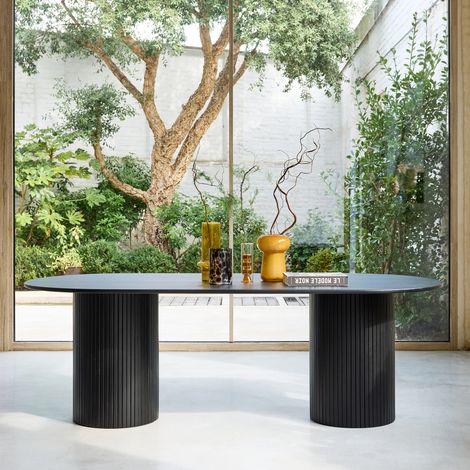 Table à manger oblongue bois d'hévéa et placage chêne 8 places noir - L 220 x P 100 x H 73 cm - Estelle