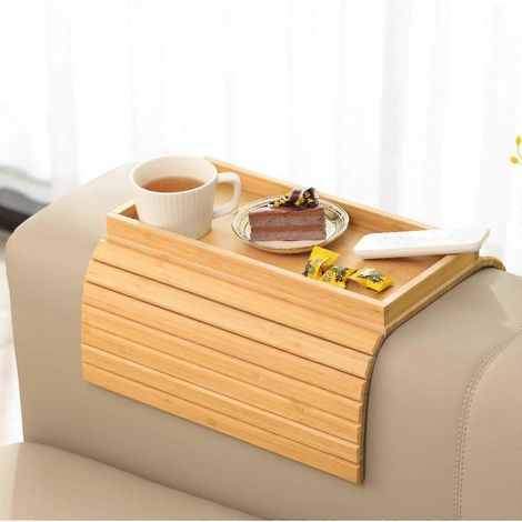 Plateau d'accoudoir de canapé en bambou, pliable, avec coussin de dossier antidérapant, pouvant contenir des aliments, des boissons, des porte-gobelets et des téléphones portables avec télécommande. (1/5)