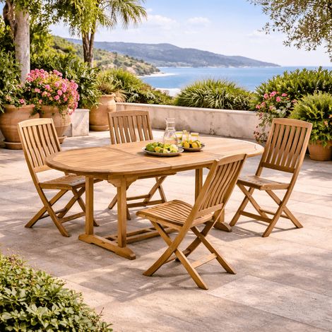 Conjunto mesa de jardín de teca ovalada Nina 160/210 y 4 sillas Lisato