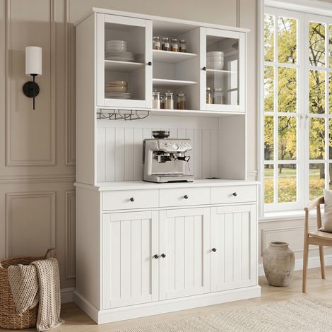 Buffet haut avec portes vitrées et grand rangement meuble de cuisine salle à manger vaisselier en panneaux blanc mat 120x40x191 cm (1/5)