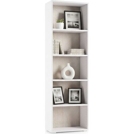 Dmora - Bücherregal Dedjoum, Bibliothek mit 4 verstellbaren Einlegeböden, Bücherregal, Schrankwand mit Regalen, 100% Made in Italy, 60x30h195 cm, Weiß und Eiche