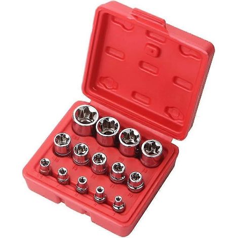 Coffret de douilles Torx femelles E4-e24 avec étui, entraînement 1/4, 3/8, 1/2 po, douilles Torx externes E4-e24 (rouge) (14 pièces) (1/5)
