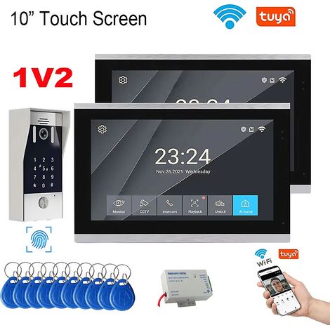 Visiophone Wi-Fi intelligent Tuya 5 en 1 avec déverrouillage par empreinte digitale et moniteur à écran tactile 4 fils,1v2 (1/5)