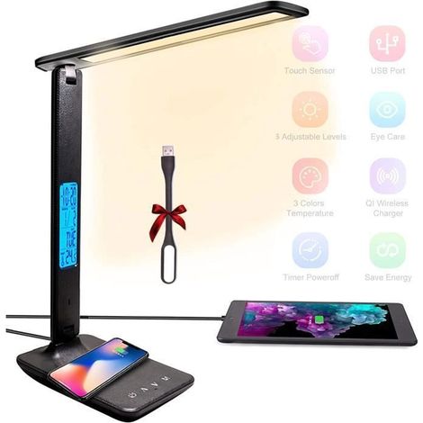 Lampe de bureau LED Dimmable avec Affichage LCD et Chargeur sans fil - 3 Modes et 3 Niveaux de luminosité (1/4)