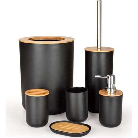 6 pièces, accessoires salle de bain bambou, design contemporain, multicolore, pour décoration intérieure moderne (1/4)