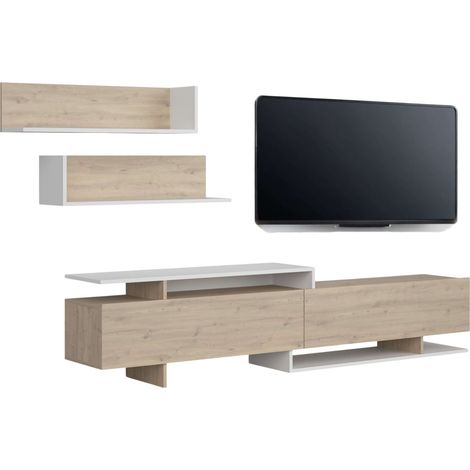 Mueble de salón, Comedor, Módulo TV + Estantes 200 cm Orlis 2 Puertas Abatibles Melamina Roble Artesano y Blanco mate