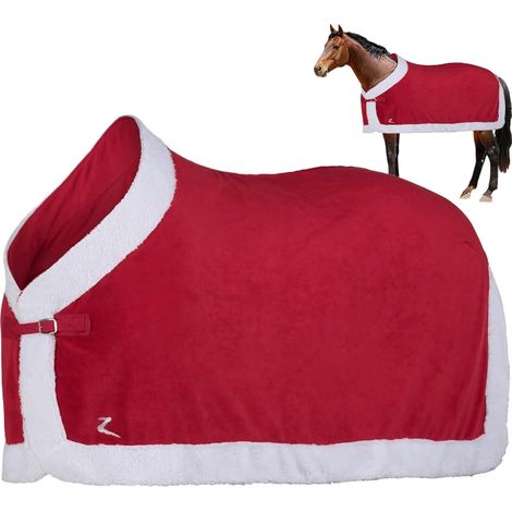 Couverture de Noël à motif cheval rouge, douce et chaude, avec bordure en fausse fourrure blanche. Idéale pour Noël. (1/5)