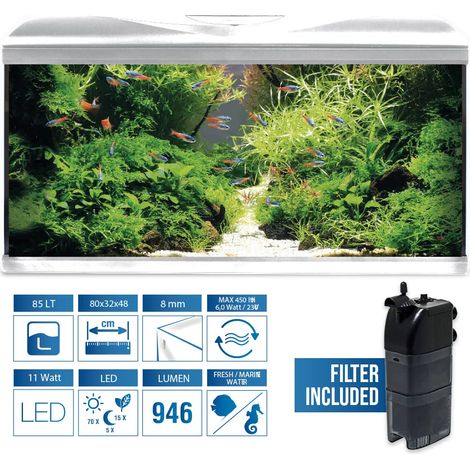 Acquario System Tank V2 - Aquarium en Verre Complet 85 L, Lumière LED 11 W et Pompe des Filtration Incluses, Eau Douce Ou Salée, Blanc, 80 x 32 x 48 cm (1/3)