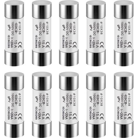 Photovoltaic Fuses, 10pcs 15A Solar Fuses 10X38mm PV Fuse Core for Solar Photovoltaic System Protection DC 1000V (1/5)