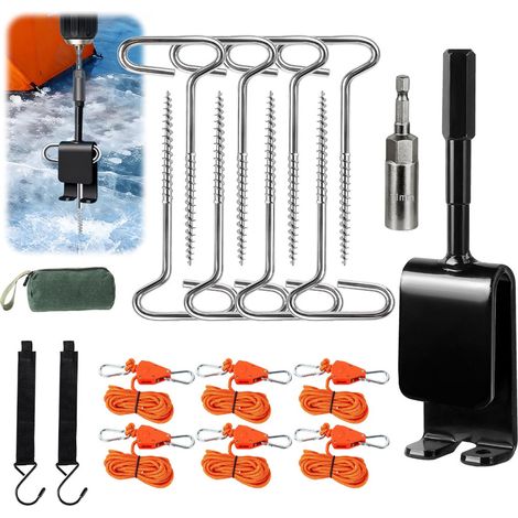 Kit de Fixation pour Tente sur Glace, Tire-clous à Vis pour Pêche Hivernale, Pointes d'Ancrage Spirales Ice Fishing, Pieux Petit Format + Ouvre-clous (1/5)