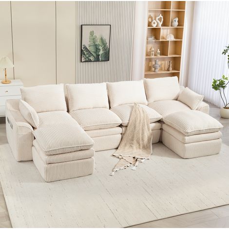 Canapé 4 plazas modular de pana beige 335x167x85 cm con 2 pufs, cojines y bolsillos laterales (1/5)