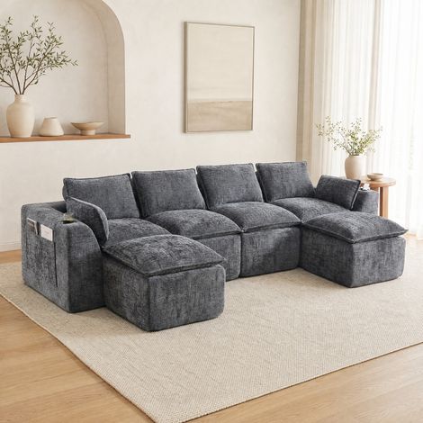 Divano modulare 4 posti con 2 pouf, cuscini, portabicchieri e tasche, grigio DESVIAE (1/5)