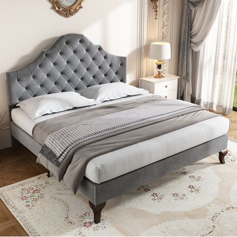 lit adulte chambre 140x200 velours gris avec sommier OKMYHOME (1/5)