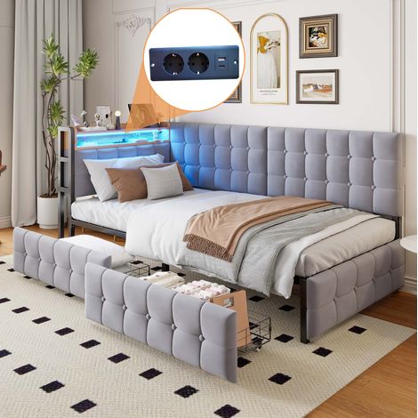 Sofá cama tapizado 90/200 cm gris de tela con LED, USB-C y 2 cajones (1/5)