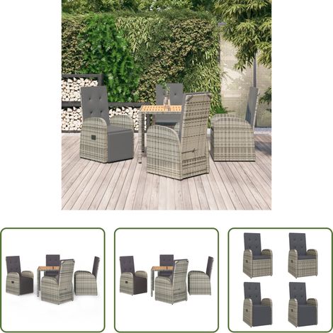 Gartenessgruppe - 5-tlg. Garten-Essgruppe mit Kissen Grau Poly Rattan (1/5)