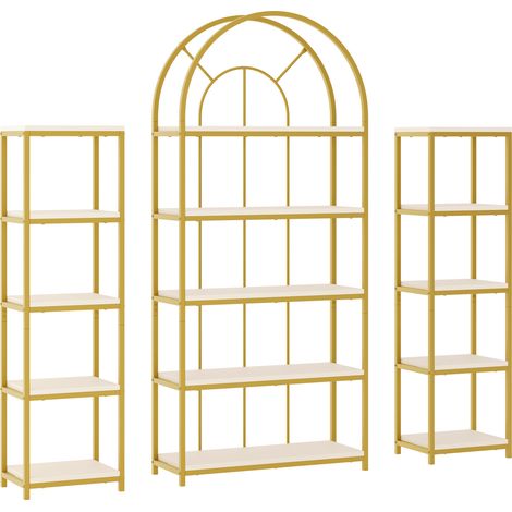 Ensemble de 3 étagères modulaires avec cadre métallique doré et plateaux MDF blancs, 163×30×184 cm, design avec arc, pour salon, cuisine et bureau (1/5)