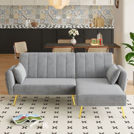 Divano angolare in velluto grigio convertibile 191,5x130,5x80 cm, chaise longue reversibile, schienale reclinabile