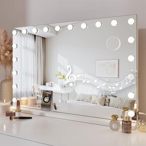 Dripex Miroir Maquillage Hollywood Bluetooth 90 x 60 cm, Miroir Coiffeuse Lumineux 20 Ampoules LED Contrôle Tactile Luminosité Réglable sur Table & sur Mur - Blanc