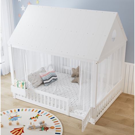 Cama infantil 140x200 cm blanca de madera con detalles de ventana, techo y espacio de almacenaje (1/5)
