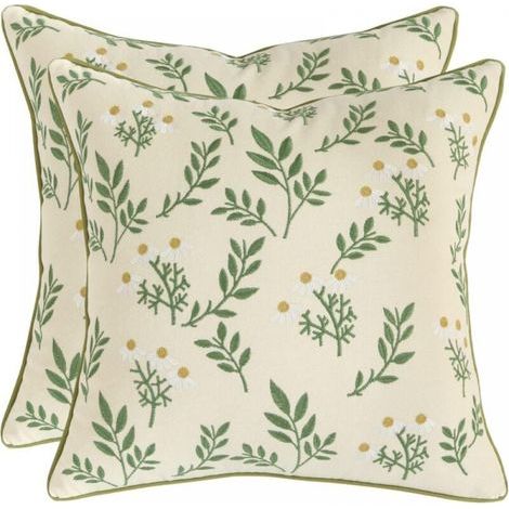 Set of 2 Embroidered Cushion Covers 45x45 Floral Cotton Pillowcase Daisies Deco for Sofa Bedroom Living Room Car Armchair (1/5)