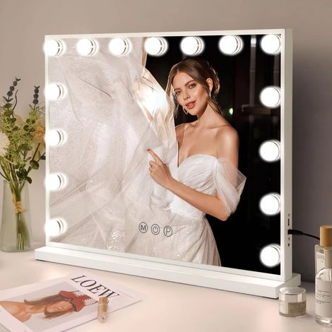Miroir de courtoisie avec 15 ampoules LED, miroir de maquillage 58 × 46 cm avec lumières, 3 modes de couleur, commande tactile, table et montage mural, grand miroir de maquillage éclairé pour dressing (1/5)