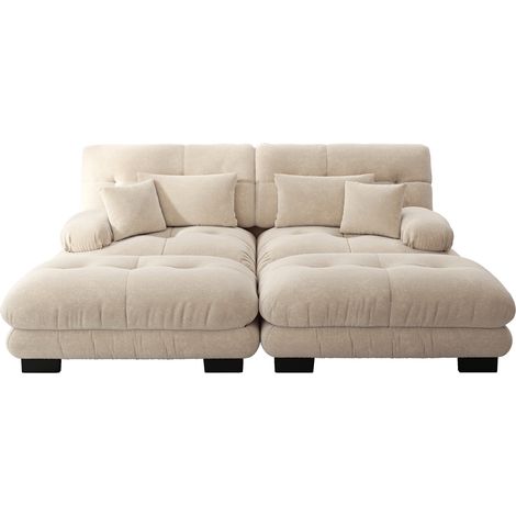 CAIziCloud canapé d'angle pour salon, canapé double en chenille avec 2 coussins lombaires et 2 coussins décoratifs, canapé rembourré avec larges accoudoirs et 2 ottomans, chenille marron clair