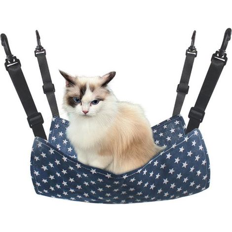Hamac pour chat suspendu, 53x35cm avec sangles réglables, pour cages et extérieur, motif étoiles bleues (1/5)