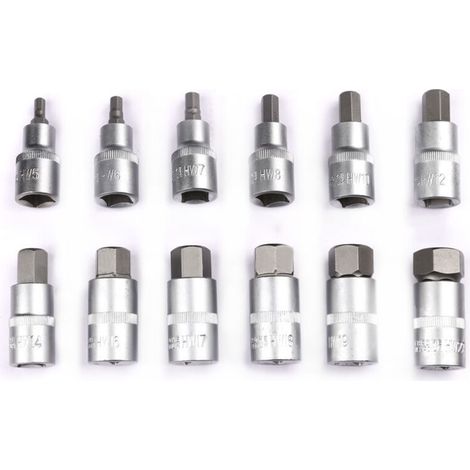 Jeu de 12 douilles Allen 1/2", 6 pans creux 5, 6, 7, 8, 10, 12, 14, 16, 17, 18, 19, 22 mm, avec coffret en plastique, jeu de douilles Allen 1/2 pour (1/2)