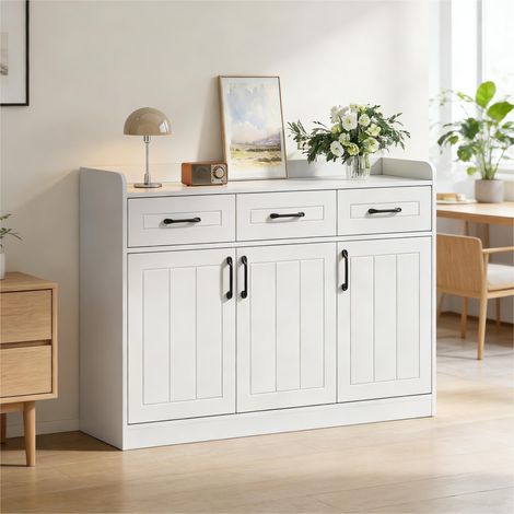 Credenze e buffet con 3 cassetti e 3 ante, maniglie e ripiani regolabili, in bianco, 120x35x80 cm (1/5)