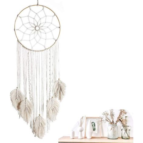 Attrape-rêves en plumes tissées, grand format, à suspendre au mur, fait main, avec pompons, décoration intérieure, ornement, cadeau artisanal (1/4)