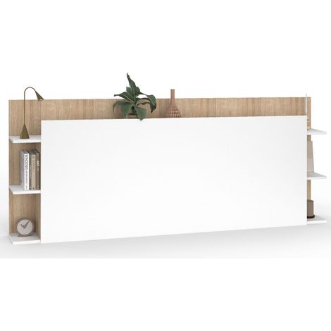 Idmarket – Tête de lit sur pied CIRI 140/160 cm – Rangements intégrés blanc et bois – Dimensions 195 x 21,5 x 80 cm – Panneaux de particules