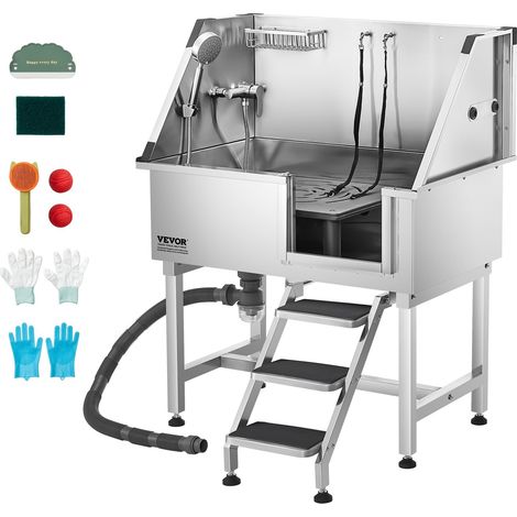 Baignoire de Chien Acier Inoxydable, Baignoire de Toilettage pour Animaux de Compagnie 96 cm Station de Lavage Chat, avec Escalier à Droite, Robinet, Pommeau de Douche, Porte-savon, Porte Droite (1/5)
