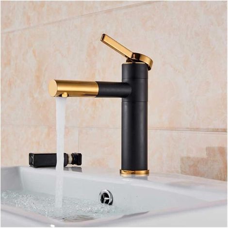 Schlichte und moderne, zylindrische Waschtischarmatur in Schwarz, Mischbatterie – Schwarz-Gold, 20 cm (1/5)