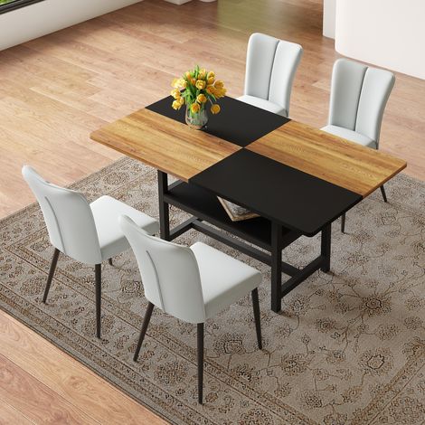 Conjunto de Mesa y 4 Sillas de Comedor, con Baldas de Almacenaje, en MDF y Metal, Marrón y Negro (1/5)