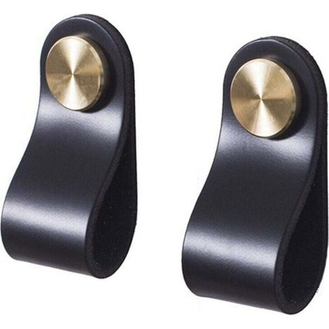 Set of 2 brass and black leather cabinet door handles, 65 mm long, with screws, suitable for cabinets and kitchens (1/4)