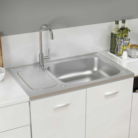 Évier de cuisine en acier inoxydable SUS avec égouttoir – 800 x 500 mm, 1 bac, montage dessus, réversible, argenté (1/5)