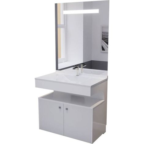 Cuisibane – Meuble vasque PMR 90 cm avec miroir LED – Caisson roulant blanc brillant – Corps en MDF laqué – Hauteur sous vasque adaptée PMR (1/5)