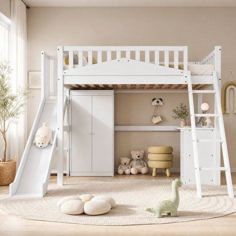 Letto a soppalco per bambini 250x194x170 cm bianco in pino e MDF con scivolo, scrivania e armadio (1/5)