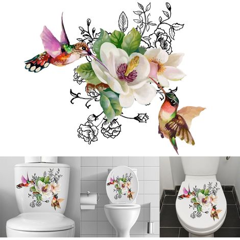 Autocollant de toilette personnalisé Oiseaux et fleurs Salle de bain WC Stickers muraux autocollants Florals Abattant WC (1/5)