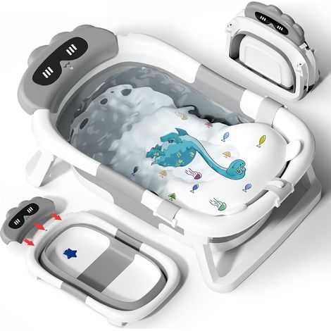 Baignoire bébé, baignoire pliable avec coussin de support pour bain, baignoire portable indispensable pour nouveau-nés et jeunes enfants, design grenouille (gris) (1/5)