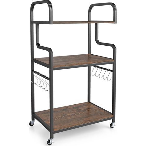 3-Tier Printer Stand with Wheels and Hooks, Brown (1/5)