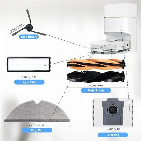 Kit d'accessoires pour Robot aspirateur Dreame D20 / D20 Pro Plus - 2 brosses principales, 4 filtres Hepa, 4 tampons d'essuie-Glace, 4 brosses latérales, 4 Sacs à poussière, 1 Brosse (1/3)