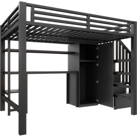 Metall-Hochbett 140x200 cm Schwarz mit Schreibtisch, Regal, Schrank und Stauraumtreppe HOMVRA (1/5)