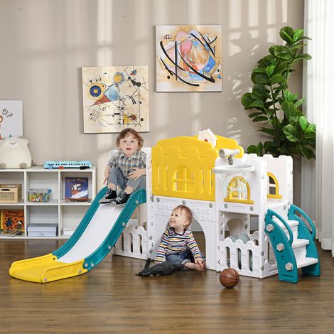 Kinderrutsche, 7-in-1 Spielgerüst, mit Basketball & Lenkrad, für 1-3 Jahre, 178x177x99cm, Gelb/Weiß/Grün