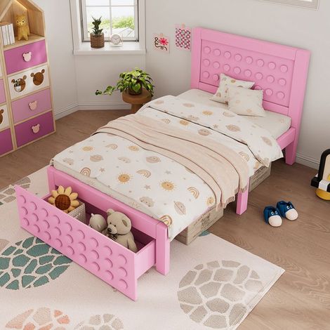 Lit enfant simple en bois 90x190 cm, design blocs avec tiroirs — Rose (sans matelas) (1/5)