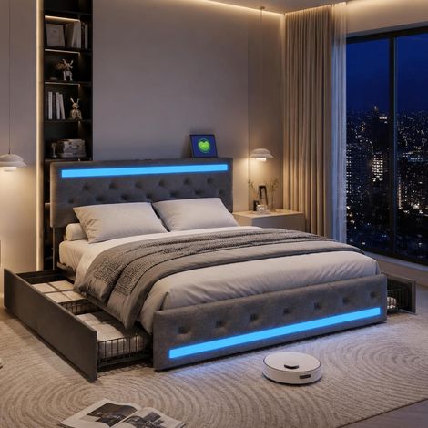 Lit 180x200 cm, 4 tiroirs, LED, ports USB, revêtement lin gris foncé (1/5)