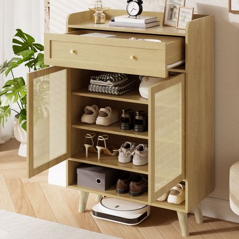 Schuhschrank 80x35x105 cm in Hellbraun aus Spanplatte mit verstellbaren Böden, Push-to-Open und Kippsicherung (1/5)