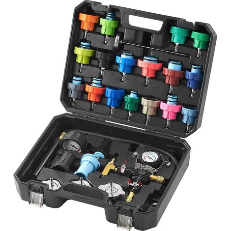 28PCS Kit Testeur de Pression et de Rechange du Liquide de Refroidissement Radiateur Universel Pompe Manuelle Adaptateurs Capuchons Test à Code Couleur Boîte à Outils pour Voitures Motos Camions (1/5)