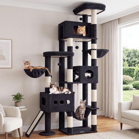 Arbre À Chat 225 cm XXL – Arbre Stable pour Chats Grands, 3 Niches, 2 Paniers Suspendus, Hamac, Planche À Griffer, 2 Plates-Formes D'Observation, Socle Stable, Gris Foncé GCT808G (1/5)